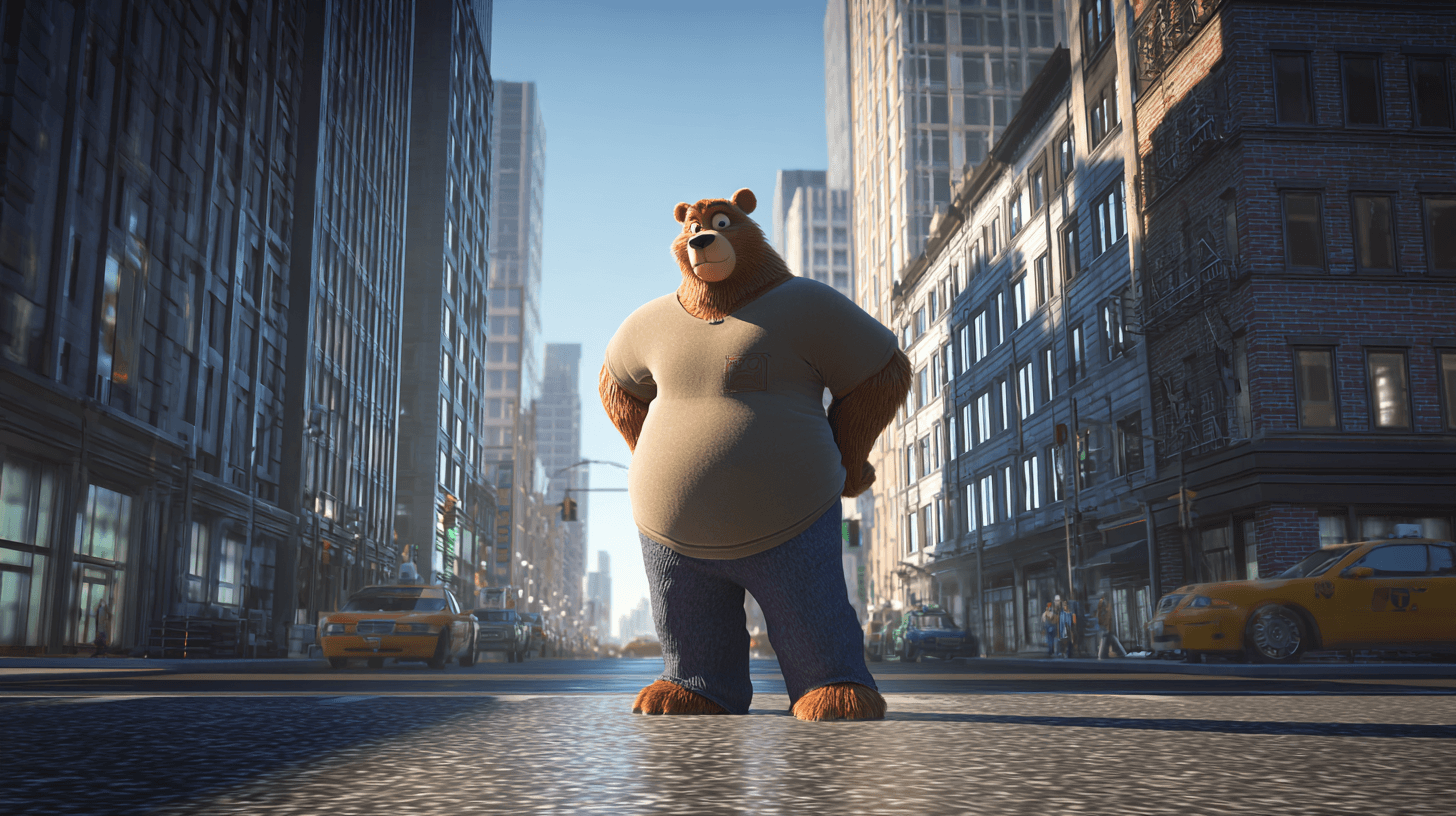Volumetric example — 3D Rendered Bear in Urban Cityscape (1/4)
