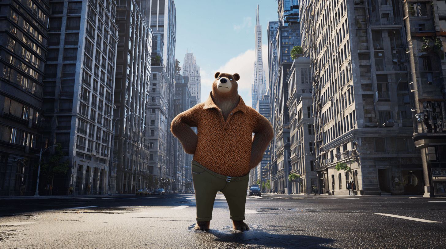 Volumetric example — 3D Rendered Bear in Urban Cityscape (3/4)